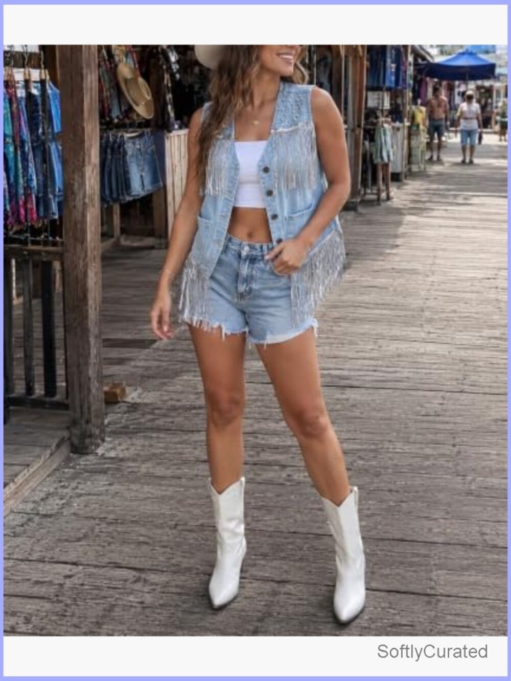 Cropped Fringe Denim Vest Pearl Sequin Y2K Western Cowgirl Vest Top - Picture 6 of 7